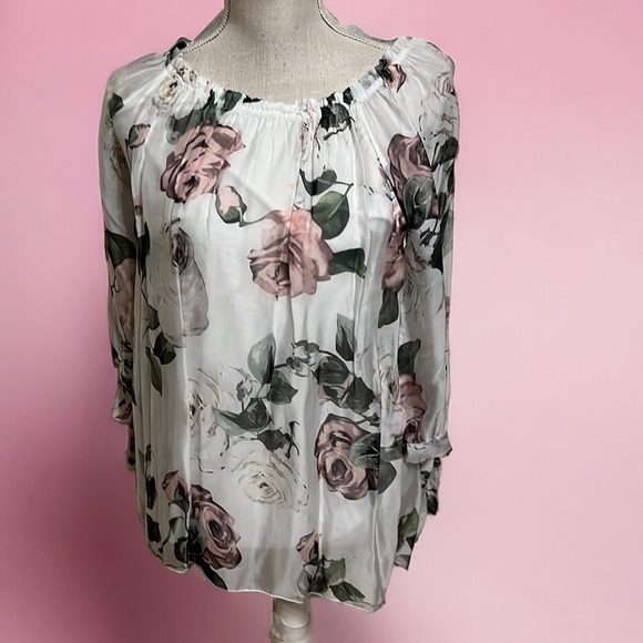 Lola peasant style blouse, pink florals, size large - Picture 1 of 8